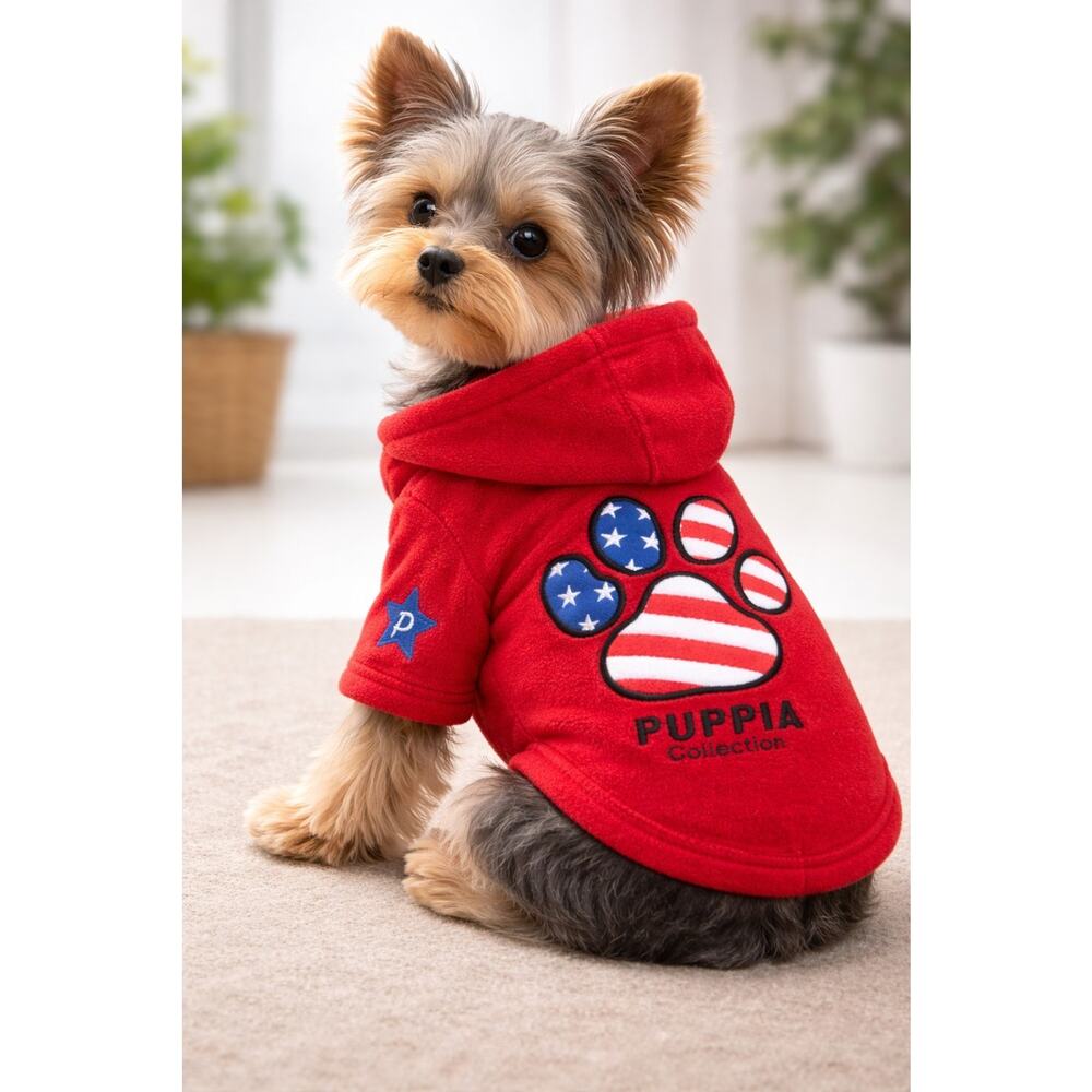 Puppia Collection Red Fleece Dog Hoodie Patriotic American Flag Paw Print Hooded